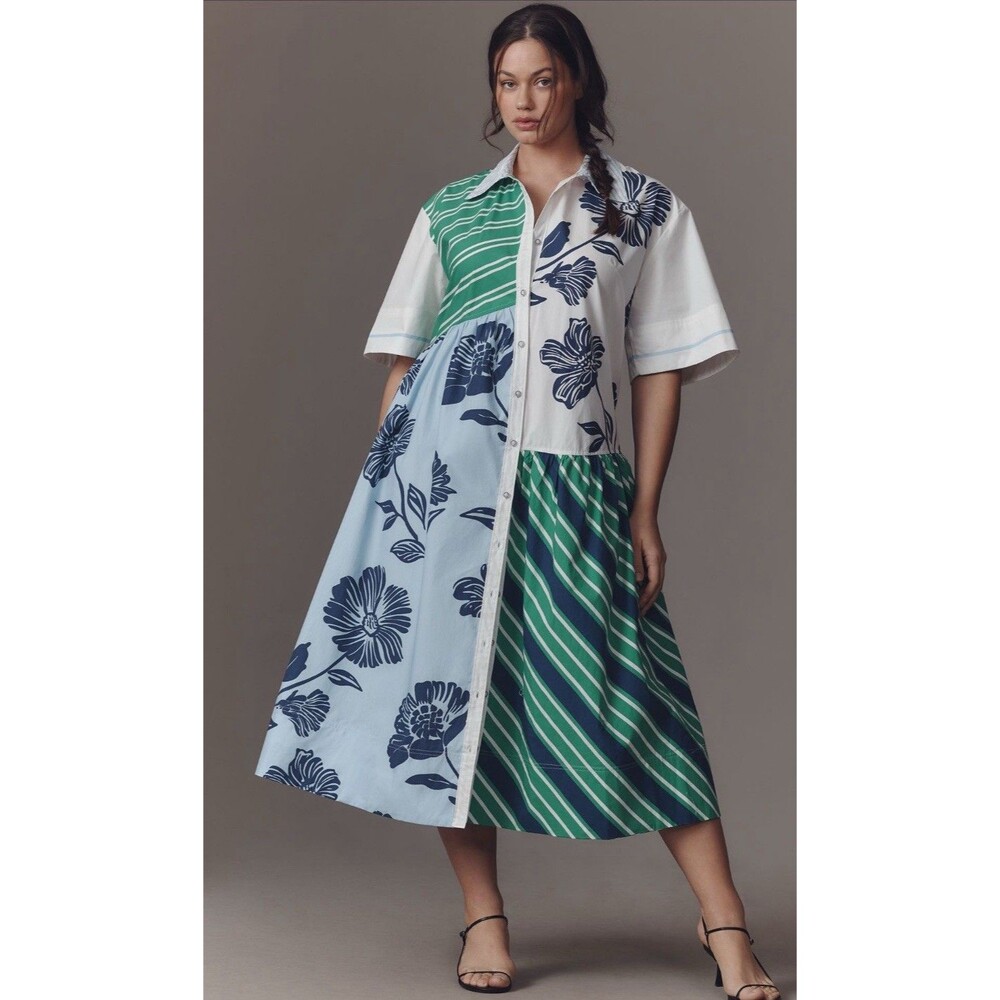 Anthropologie Maeve Buttondown Dress Mix Print Preppy Retro Vacay Size XXSP NWT